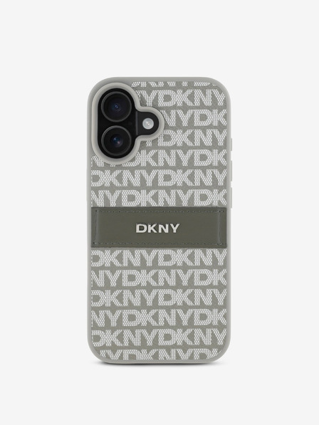 DKNY DKNY PU bőr ismétlődő mintás, tónusos csíkos hátlapi borító iPhone 16 bézs színű készülékhez