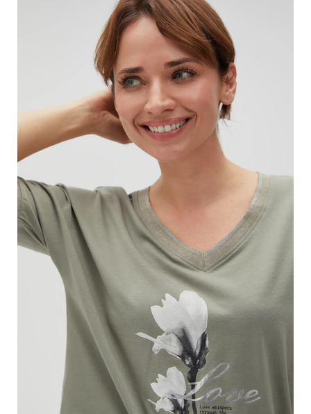 Moodo Olívazöld nyomott mintás pamut blúz Moodo