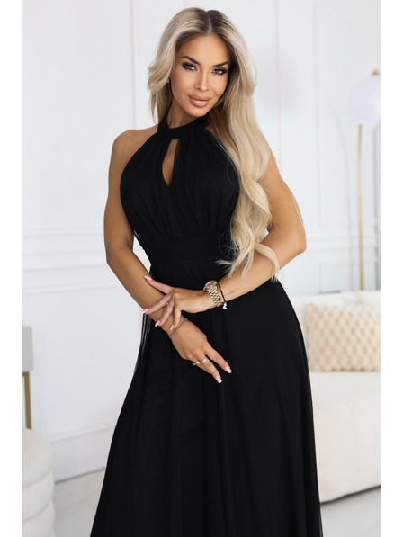 numoco basic Elegáns estélyi maxi ruha halter nyakkal, tüllel és derékköteléssel - fekete