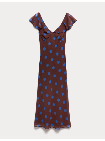 Marks & Spencer Pöttyös midi ceruza ruha volán ujjakkal és V-nyakkivágással Marks & Spencer barna
