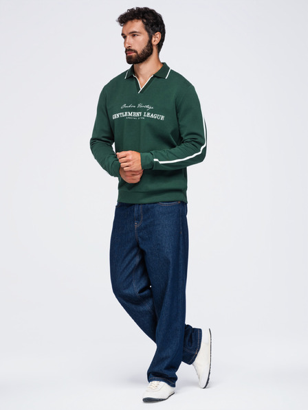 Ombre Clothing Férfi galléros pulóver V nyakkivágással és mellkasi hímzéssel – sötétzöld V3 OM-SSNZ-0268 Ombre Clothing