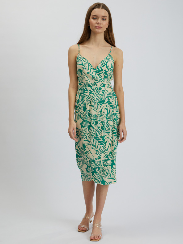 Orsay ORSAY krémzöld mintás női lenvászon midiruha