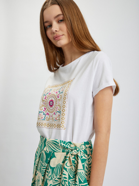 Orsay ORSAY krémzöld mintás lenvászonnal kevert anyagú női midi szoknya