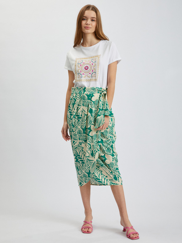 Orsay ORSAY krémzöld mintás lenvászonnal kevert anyagú női midi szoknya
