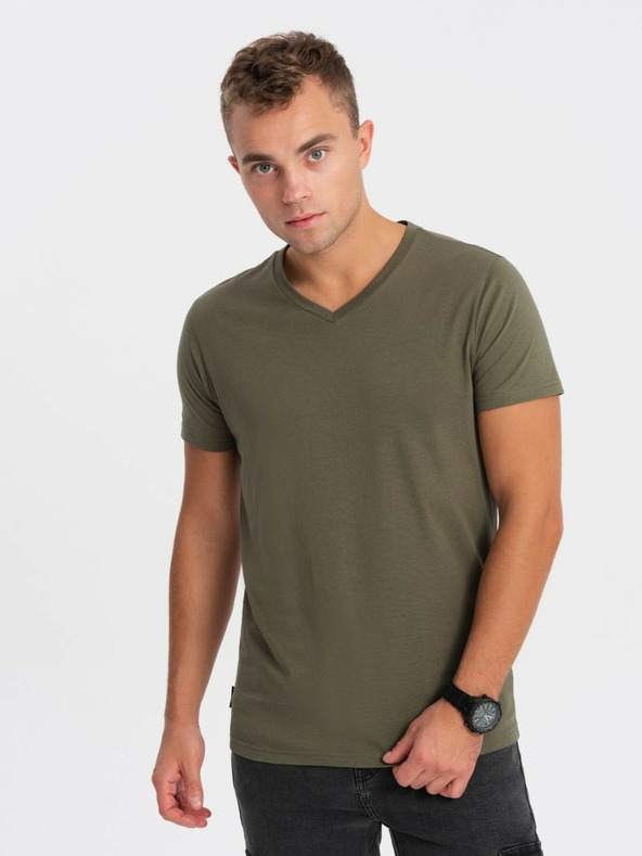 Ombre Clothing Khaki színű, férfi, v-nyakú alap póló Ombre Clothing