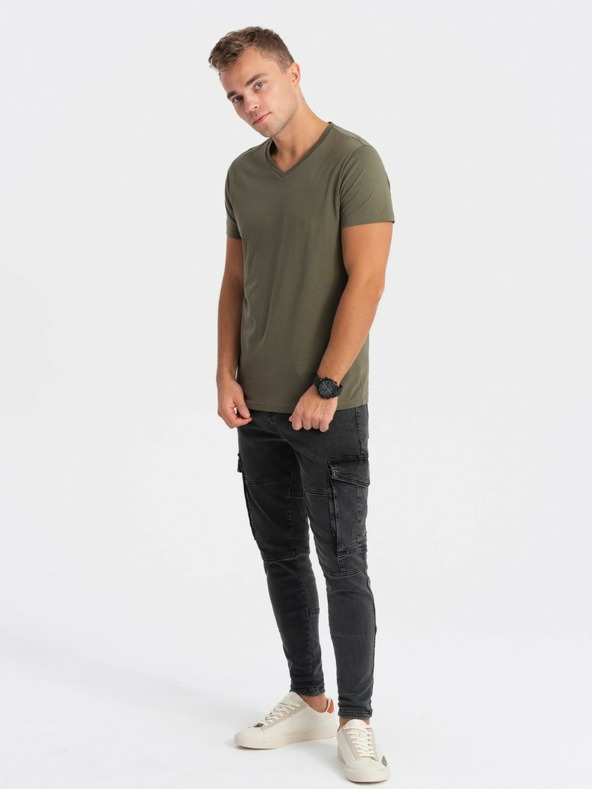Ombre Clothing Khaki színű, férfi, v-nyakú alap póló Ombre Clothing