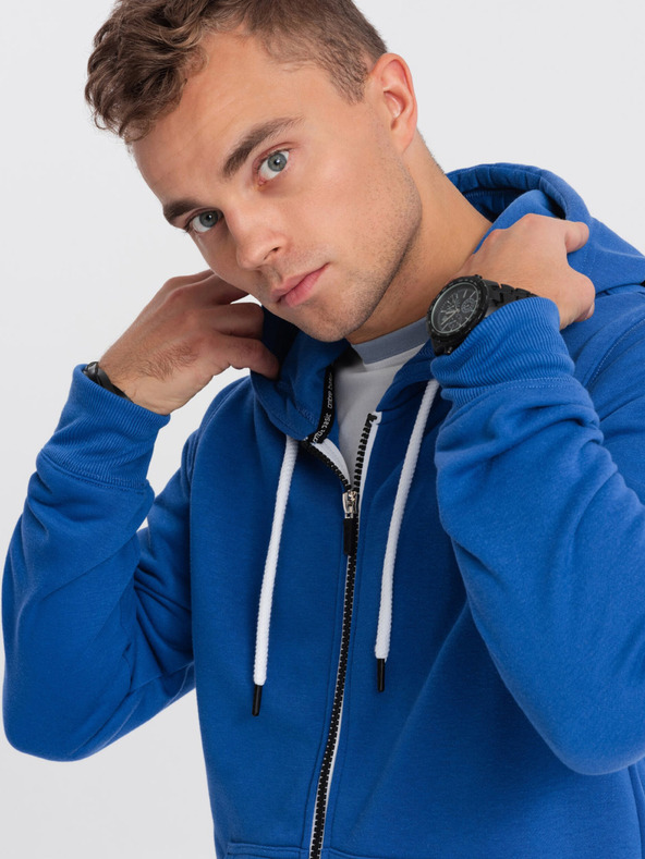 Ombre Clothing Kék férfi cipzáras kapucnis pulóver Ombre Ruházat