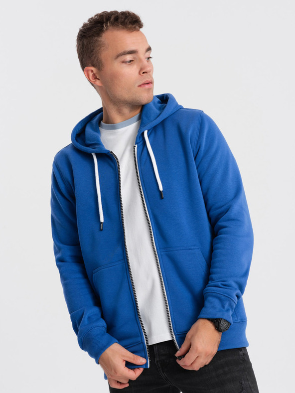 Ombre Clothing Kék férfi cipzáras kapucnis pulóver Ombre Ruházat