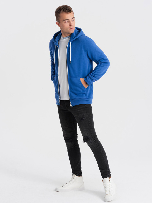 Ombre Clothing Kék férfi cipzáras kapucnis pulóver Ombre Ruházat