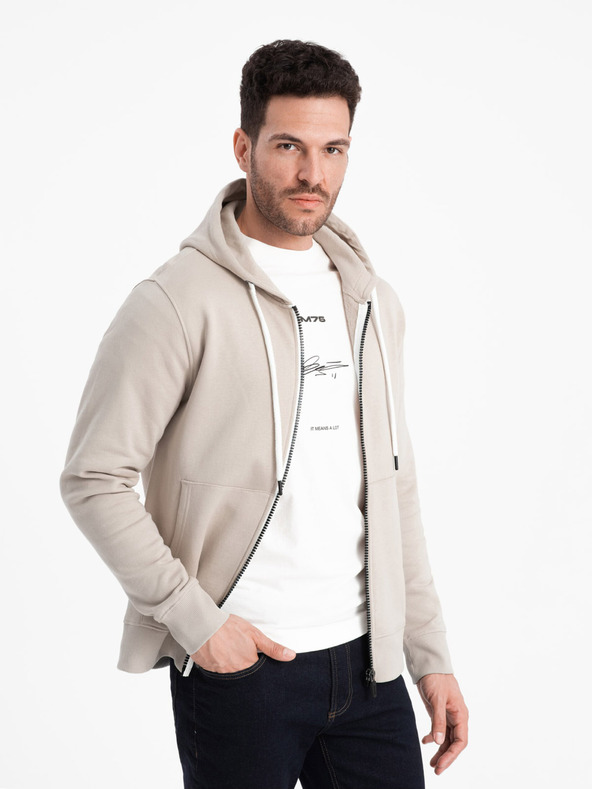Ombre Clothing Bézs színű férfi Basic Zip kapucnis pulóver Ombre ruházat