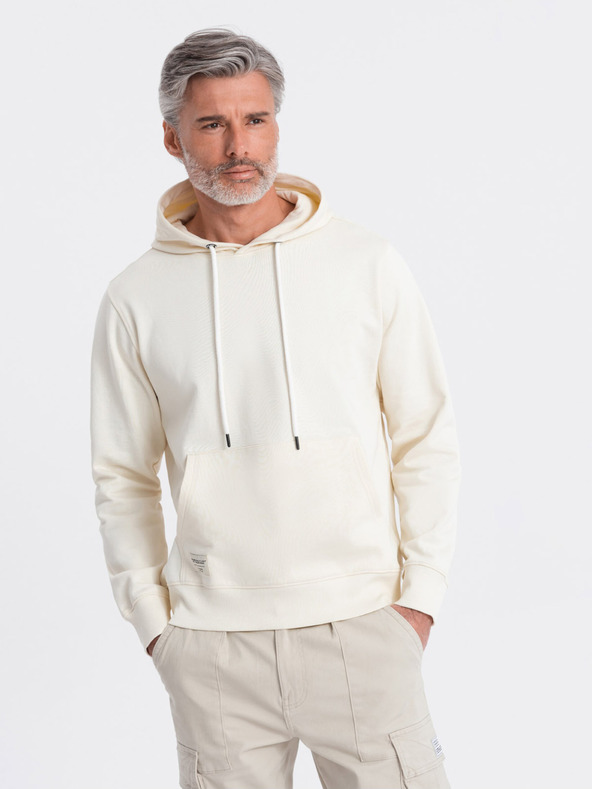 Ombre Clothing Krémszínű férfi kapucnis pulóver kenguruval és kapucnival Ombre ruházat