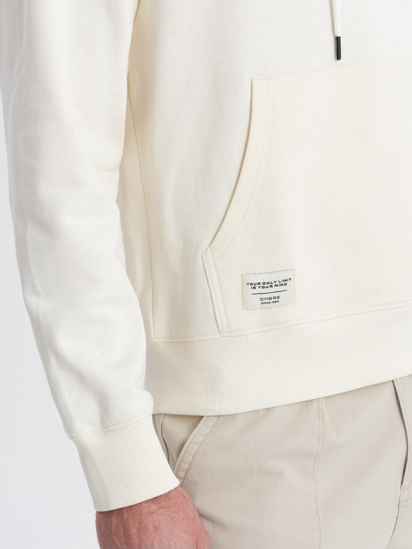 Ombre Clothing Krémszínű férfi kapucnis pulóver kenguruval és kapucnival Ombre ruházat