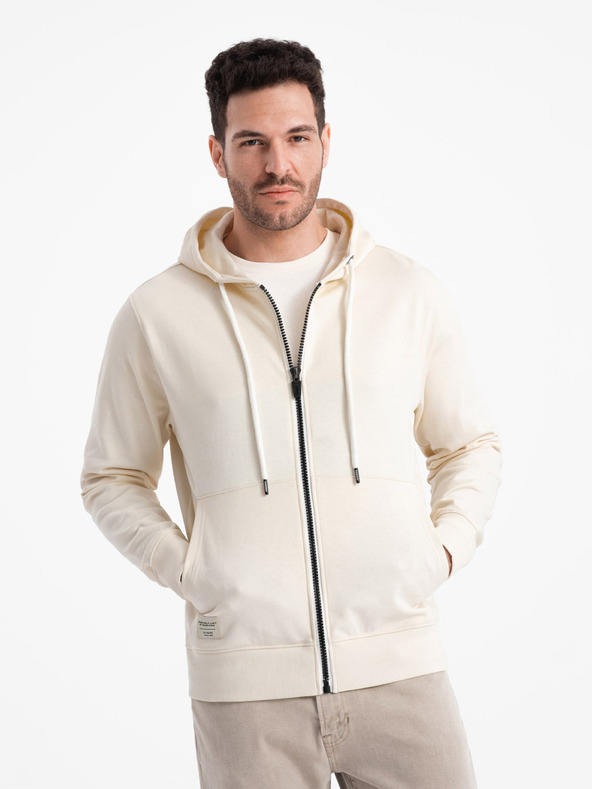 Ombre Clothing Krémszínű férfi alap cipzáras kapucnis pulóver Ombre Ruházat