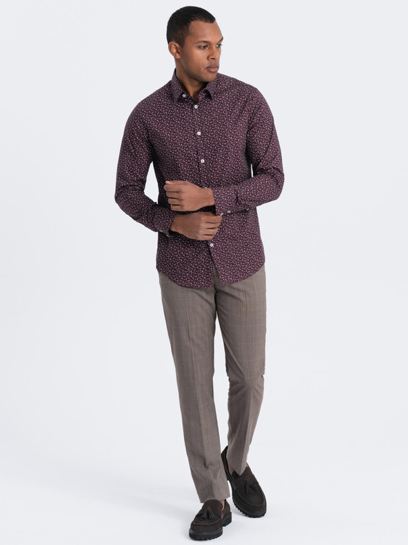 Ombre Clothing Férfi bordó mintás slim fit ing Ombre Ruházat