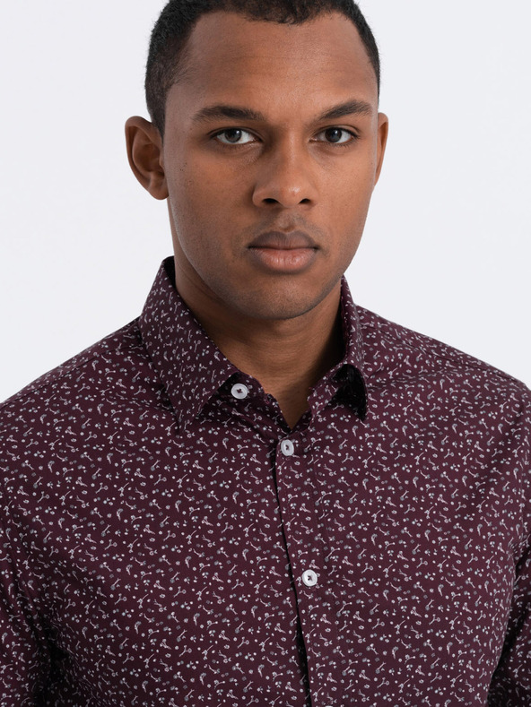 Ombre Clothing Férfi bordó mintás slim fit ing Ombre Ruházat