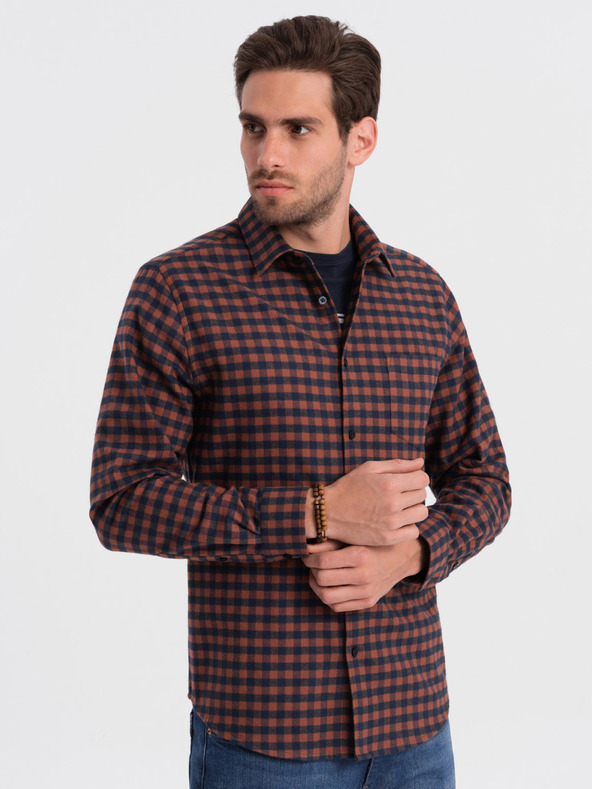 Ombre Clothing Sötétkék férfi kockás flanel ing Ombre Ruházat