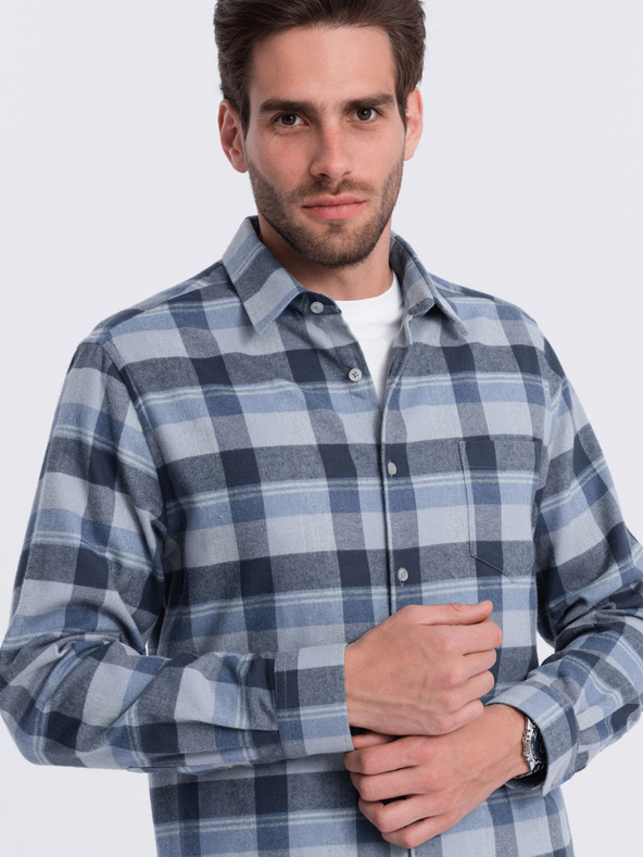 Ombre Clothing Kék és szürke férfi kockás flanel ing Ombre Ruházat