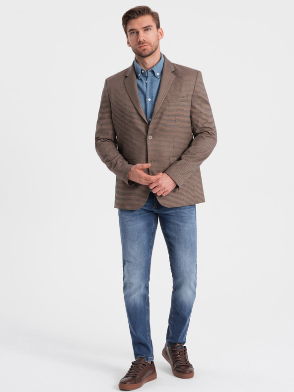 Ombre Clothing Barna férfi finom kockás blézer Ombre Ruházat