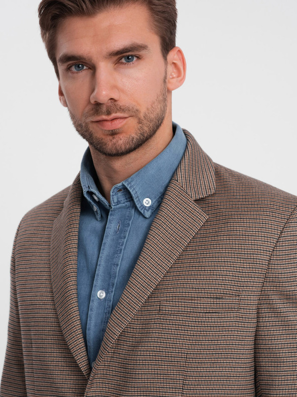 Ombre Clothing Barna férfi finom kockás blézer Ombre Ruházat