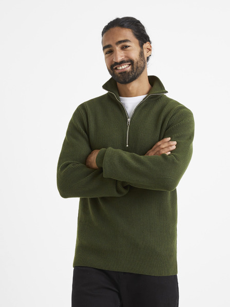 Celio Khaki színű férfi pulóver állógallérral Celio