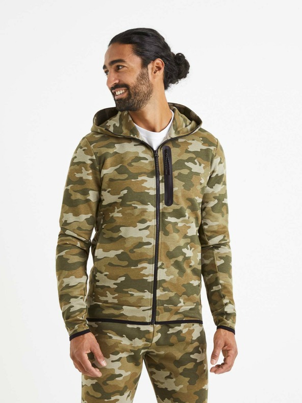 Celio Bézs és zöld férfi terepszínű kapucnis pulóver Celio Veyoke