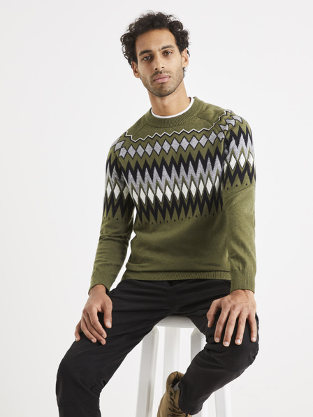 Celio Férfi khaki színű mintás pulóver Celio Veryfair