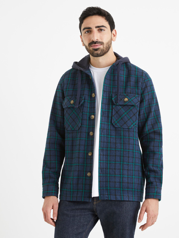 Celio Zöld és kék férfi kockás kapucnis póló Celio Valines