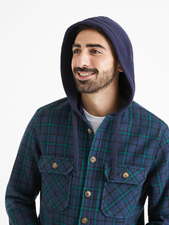 Celio Zöld és kék férfi kockás kapucnis póló Celio Valines