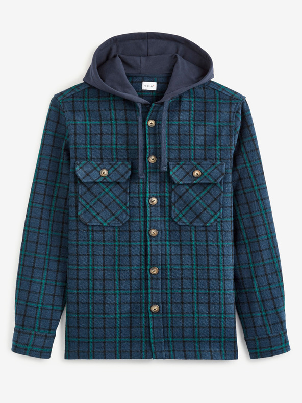 Celio Zöld és kék férfi kockás kapucnis póló Celio Valines