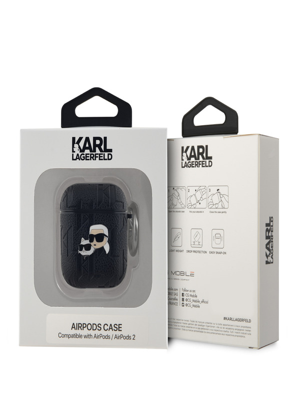 Karl Lagerfeld Karl Lagerfeld PU dombornyomott Karl és Choupette fejek tok az AirPods 1/2-hez Fekete
