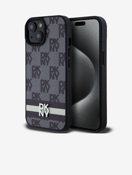 DKNY PU bőr kockás mintás és csíkos hátlapi borító iPhone 15 készülékhez Fekete DKNY