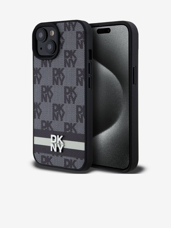 DKNY PU bőr kockás mintás és csíkos hátlapi borító iPhone 15 készülékhez Fekete DKNY
