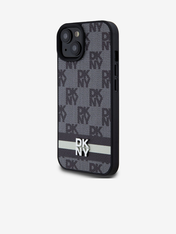 DKNY PU bőr kockás mintás és csíkos hátlapi borító iPhone 15 készülékhez Fekete DKNY