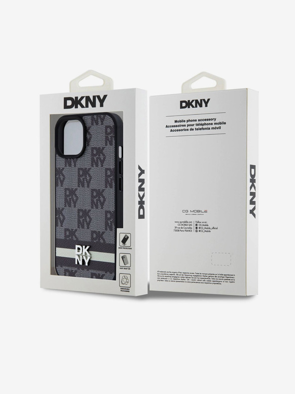 DKNY PU bőr kockás mintás és csíkos hátlapi borító iPhone 15 készülékhez Fekete DKNY