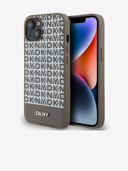 DKNY PU bőr Ismétlődő mintás alsó csíkos MagSafe hátlap iPhone 14 barna DKNY