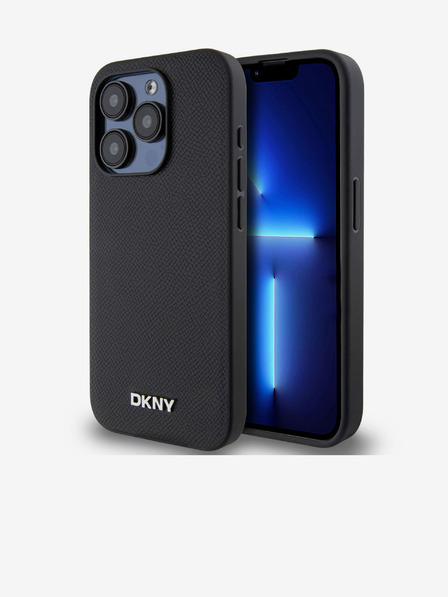 DKNY PU bőr ezüst fém logóval ellátott Magsafe hátlap iPhone 15 Pro fekete DKNY