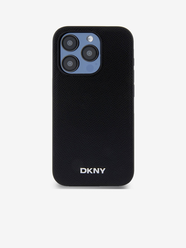 DKNY PU bőr ezüst fém logóval ellátott Magsafe hátlap iPhone 15 Pro fekete DKNY