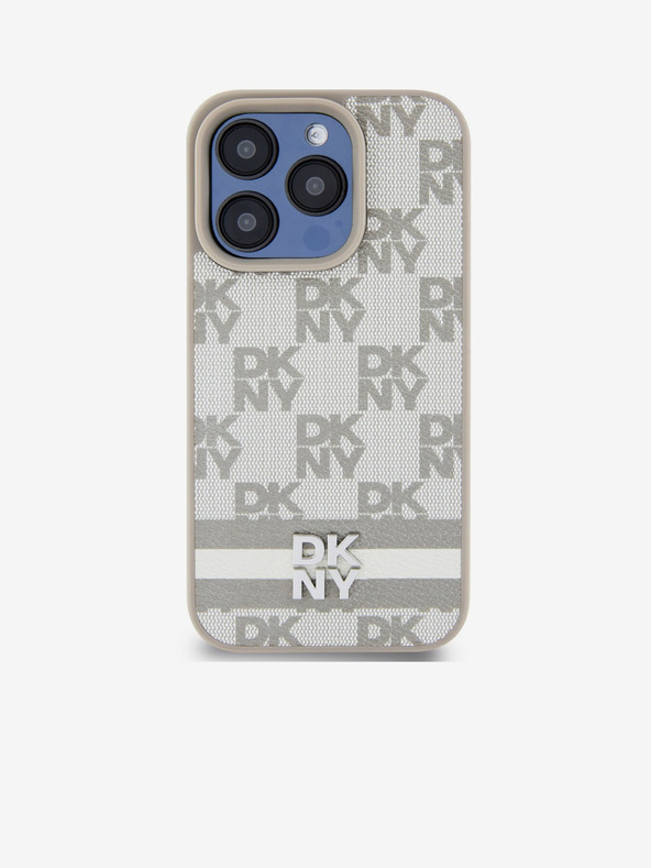 DKNY PU bőrből készült kockás mintás és csíkos hátlapi borító iPhone 14 Pro bézs DKNY DKNY