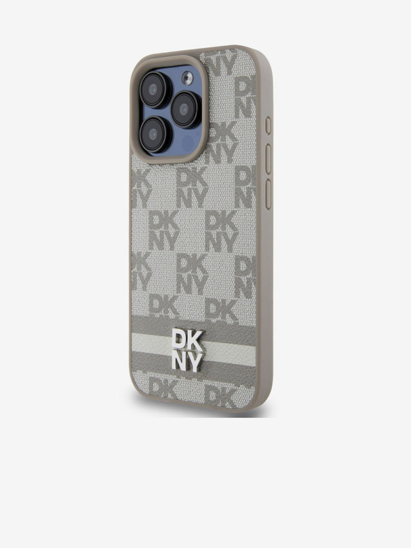 DKNY PU bőrből készült kockás mintás és csíkos hátlapi borító iPhone 14 Pro bézs DKNY DKNY