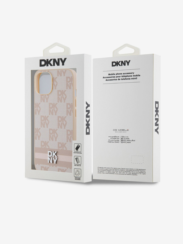 DKNY PU bőr kockás mintás és csíkos hátlapi borító iPhone 13 rózsaszín DKNY rózsaszínhez