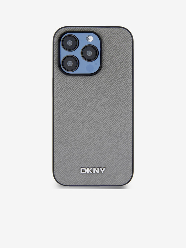 DKNY PU bőr ezüst fém logós Magsafe hátlap iPhone 15 Pro szürke DKNY