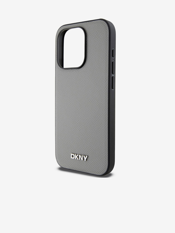 DKNY PU bőr ezüst fém logós Magsafe hátlap iPhone 15 Pro szürke DKNY