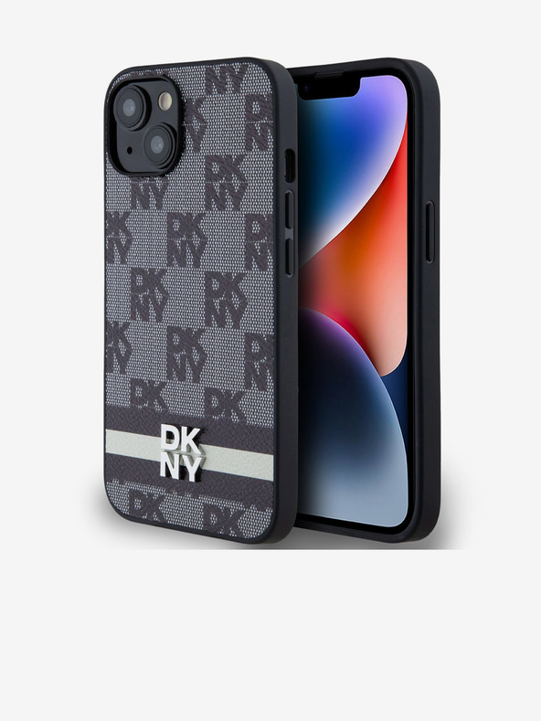 DKNY PU bőr kockás mintás és csíkos hátlapi borító iPhone 13 készülékhez Fekete DKNY