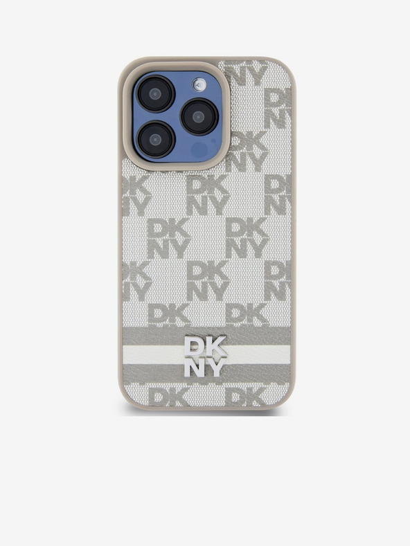 DKNY PU bőr kockás mintás és csíkos hátlapi borító iPhone 13 Pro Max bézs DKNY DKNY