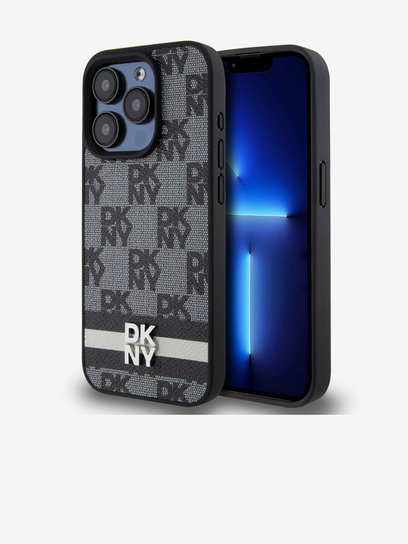 DKNY PU bőr kockás mintás és csíkos hátlapi borító iPhone 13 Pro Max fekete DKNY fekete DKNY