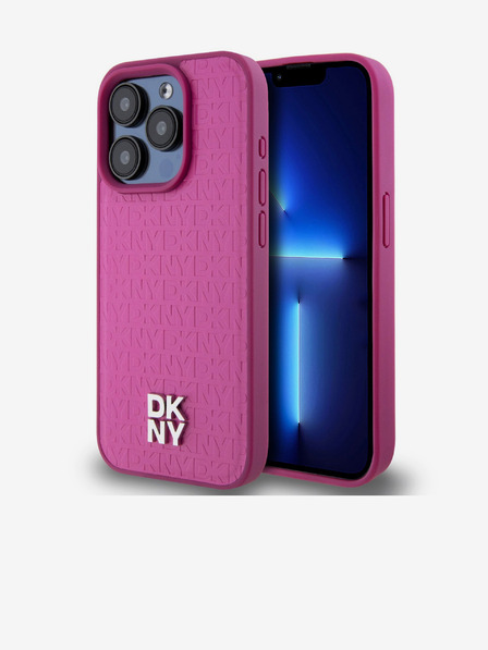 DKNY PU bőr Ismétlődő mintás Stack Logo Magsafe hátlap iPhone 15 Pro rózsaszín DKNY