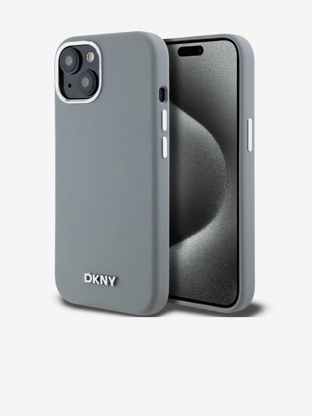 DKNY Folyékony szilikon ezüst fém logós Magsafe hátlap iPhone 15 Pro szürke DKNY