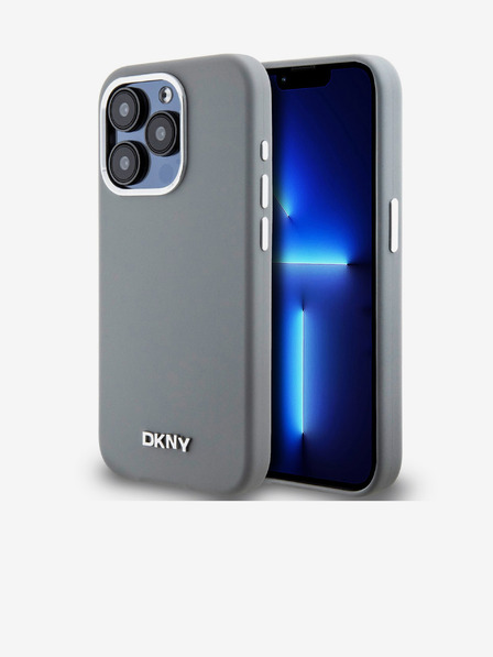 DKNY Folyékony szilikon ezüst fém logós Magsafe hátlap iPhone 15 Pro-hoz Szürke DKNY