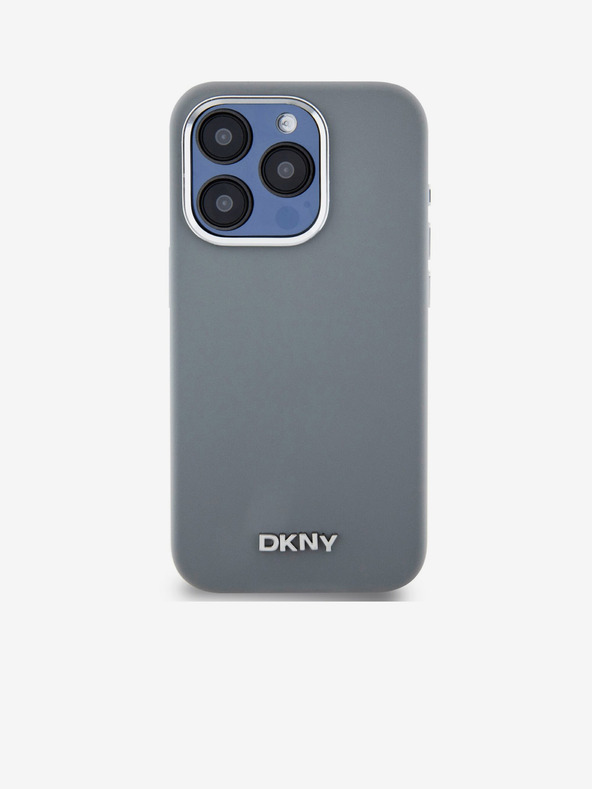 DKNY Folyékony szilikon ezüst fém logós Magsafe hátlap iPhone 15 Pro-hoz Szürke DKNY