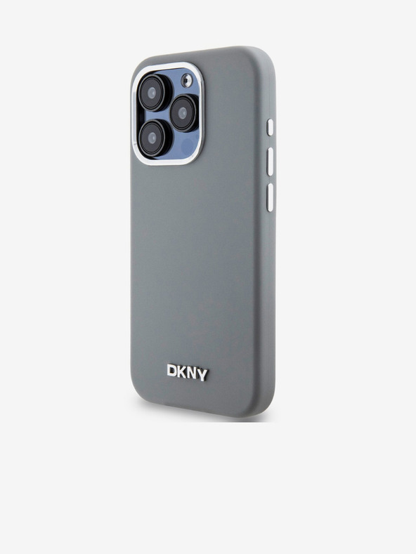 DKNY Folyékony szilikon ezüst fém logós Magsafe hátlap iPhone 15 Pro-hoz Szürke DKNY
